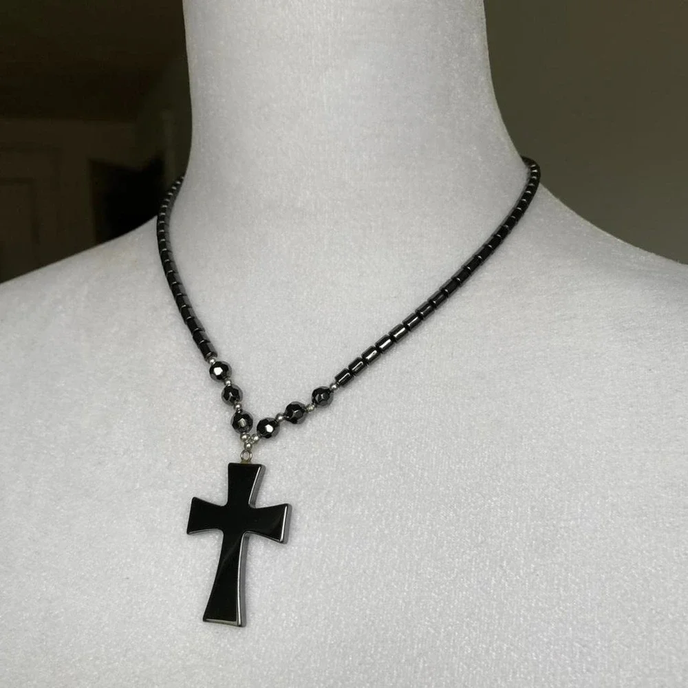 vintage y2k hematite cross pendant necklace whimsigoth grunge goth emo jewelry